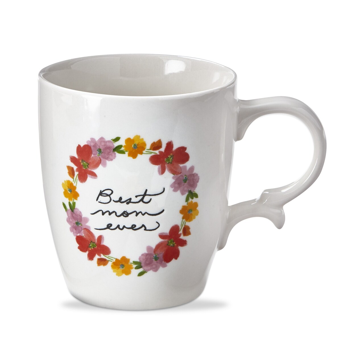 Best Mom Ever Sentiment with Red Orange and Yellow Flowers White Stoneware Coffee Mug, 18 oz.